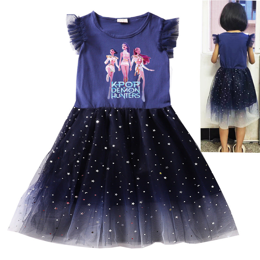 KPop Demon Hunters Clothes Kids Short Sleeve Casual Dress Baby Girls Lace Dress with Small Bag Children Wedding Party Vestidos