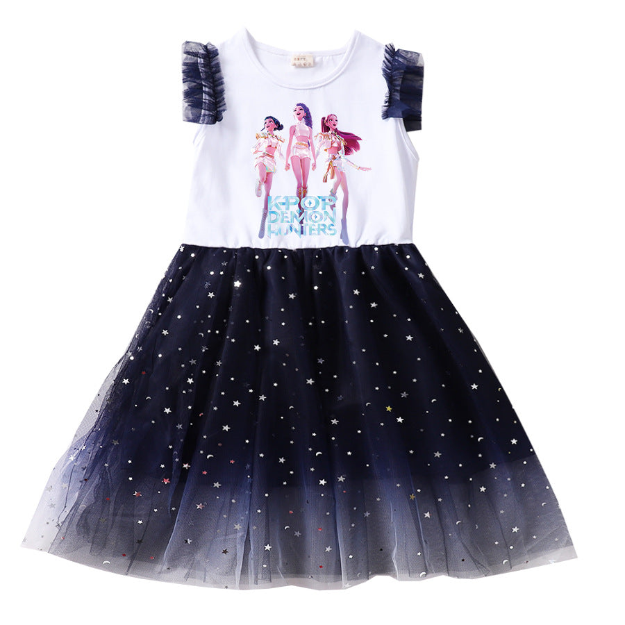 KPop Demon Hunters Clothes Kids Short Sleeve Casual Dress Baby Girls Lace Dress with Small Bag Children Wedding Party Vestidos