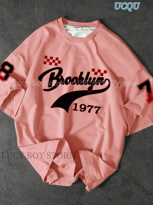 Mens BROOKLYN 1977Printed Short Sleeve T Shirt Man O-Neck Sportwear Brooklyn Racing Football Tee Vintage Casual Tops Men Clothes