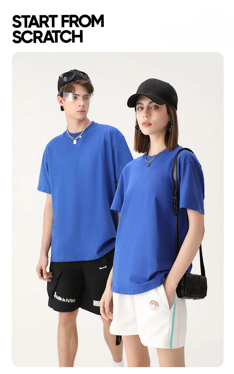 Heavyweight round neck pure cotton short sleeved t-shirt loose solid color white t men's and women's bottom shirt solid color