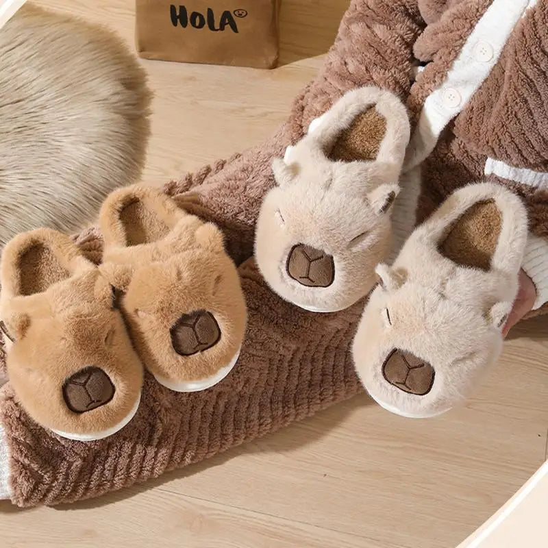 Cute Cartoon Capybara Cotton Slippers Women 2025 Winter Soft Thick Bottom Indoor Couple Slides Warm Faux Fur Bedroom Slippers
