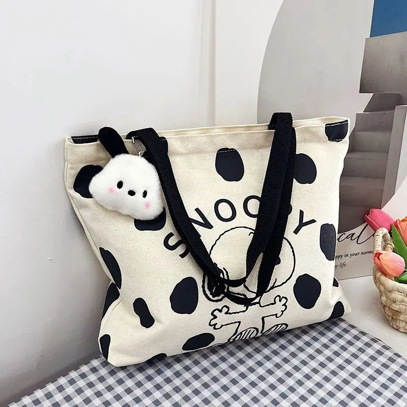 MINISO Snoopy Canvas Bag Women's Large Capacity Bag Fashion Cartoon Handbag Multi-purpose Shoulder Tote Bag With Hanging