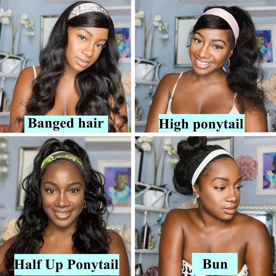 Headband Wig Human Hair Body Wave Virgin Human Hair Wigs for Black Women Full Machine Made Brazilian Ready To Wear Wig None Lace