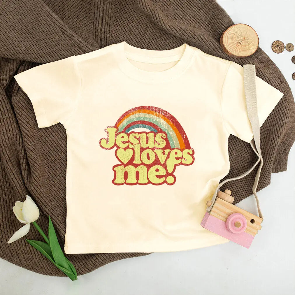 Jesus Loves Me Print Kids Shirt Retro Summer T-shirt Tops for Children Boys Girls Short Sleeve Tshirt Funny Toddler Clothes Tee