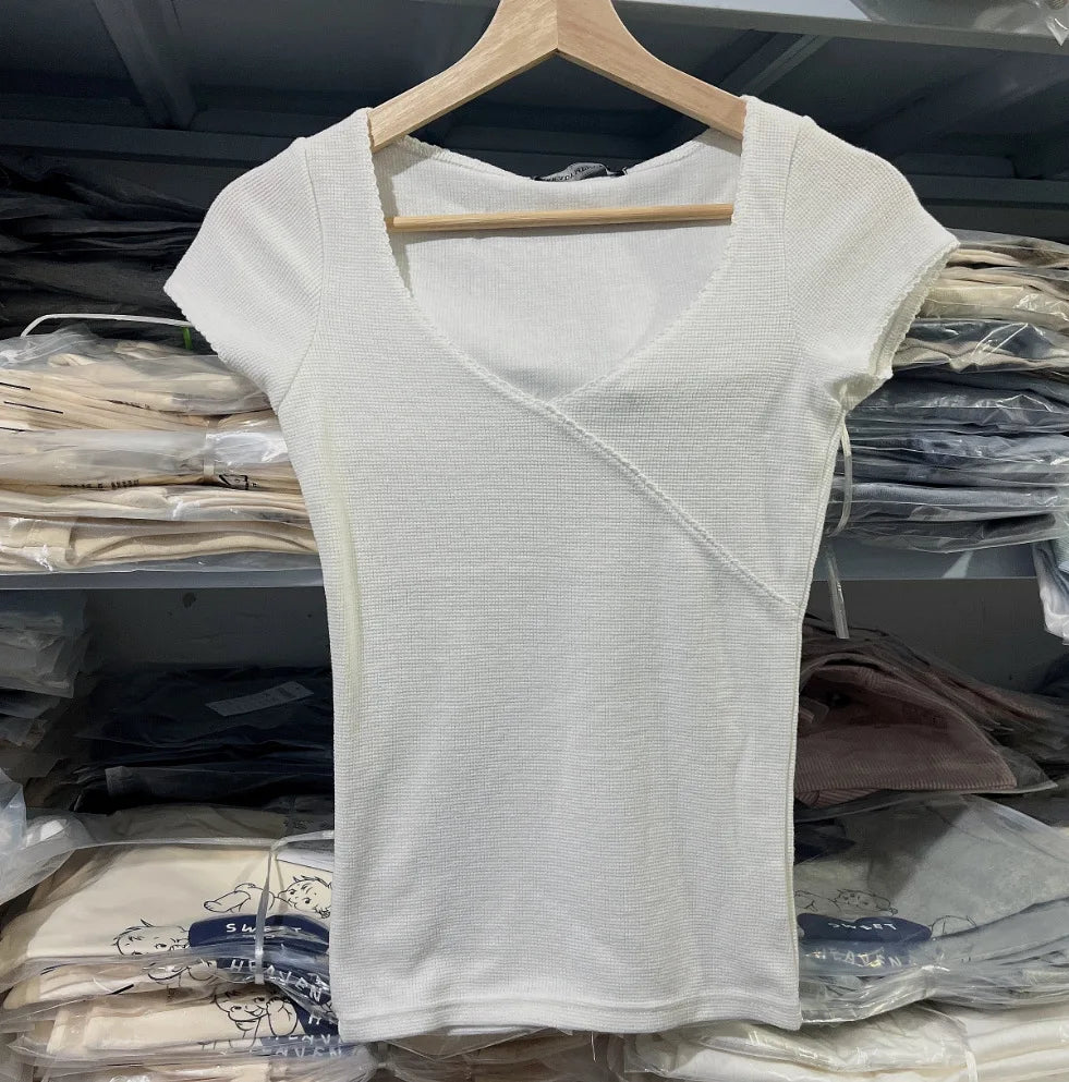 Stitching Solid Vintage Slim T-Shirt Summer V Neck Streetwear Cotton Top 2023 Femme Sweet Cute Y2k Simple Tee Tops Woman Clothes