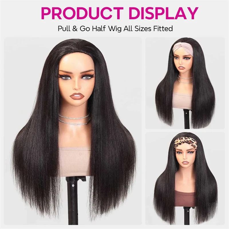VSHOW Invisible Hairline 3 IN 1 Half Wig Yaki Kinky Straight Flip Over Elastic Drawstring Glueless Human Hair Wig For Beginner