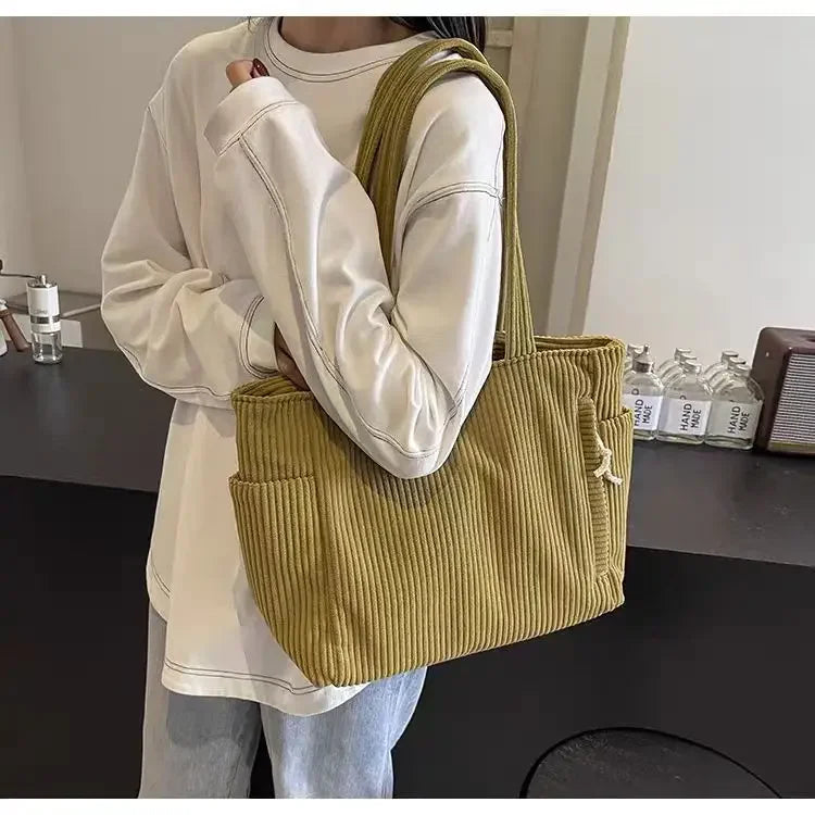 Corduroy Daily Handbag Fashionable Versatile Shoulder Bag for Women Multi-Compartment Zipper Closure Commute Women's Tote Bag