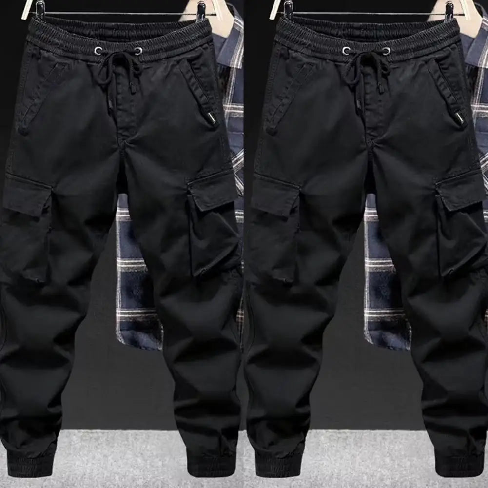 Multi-pocket Overalls Men's Cargo Pants with Drawstring Waist Multiple Pockets Ankle-banded Design for Daily Sports Streetwear