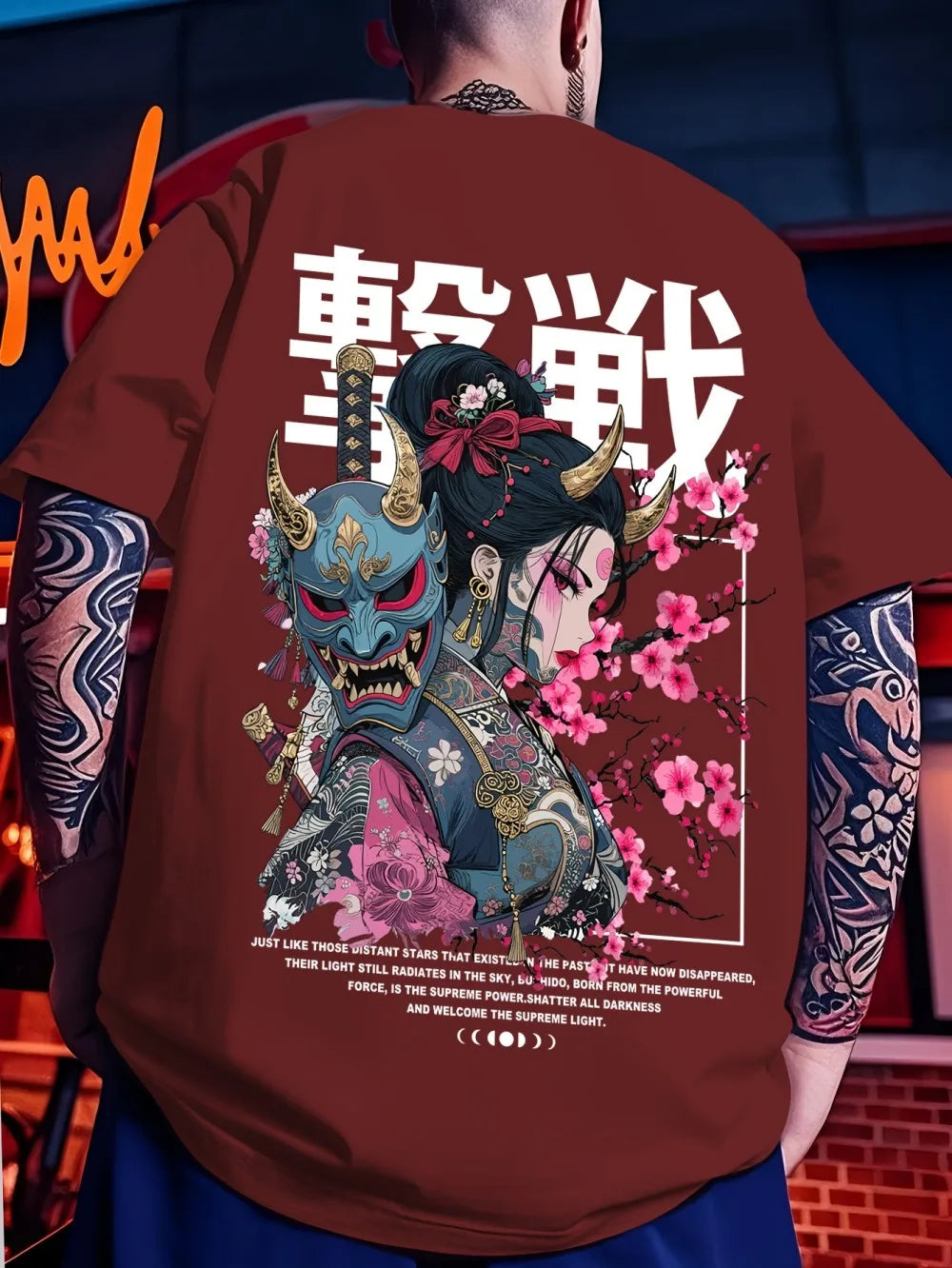 European and American men's summer ghost warrior cherry blossom print soft and breathable round neck T-shirt outdoor street top