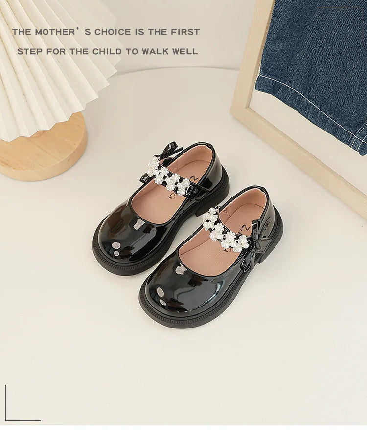 Children's Leather Shoes Glossy PU Black School Girl Shoes Fashion Sweet Kids Princess Soft Bottom Mary Jane Shoes Side Bowknot