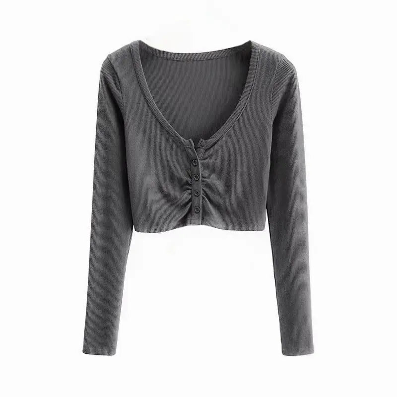 Spring Summer Women Long Sleeve Button T Shirt Female Solid Slim Sexys Casual Tee Shirt Femmes Y2k Clothes Streetwear Crop Tops