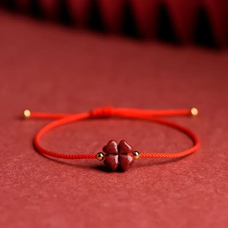 Natural Purple Cinnabar Lucky Clover Handmade Red Rope Lucky Bangle Women Men Lucky Bracelet Size Adjust Drop Shipping