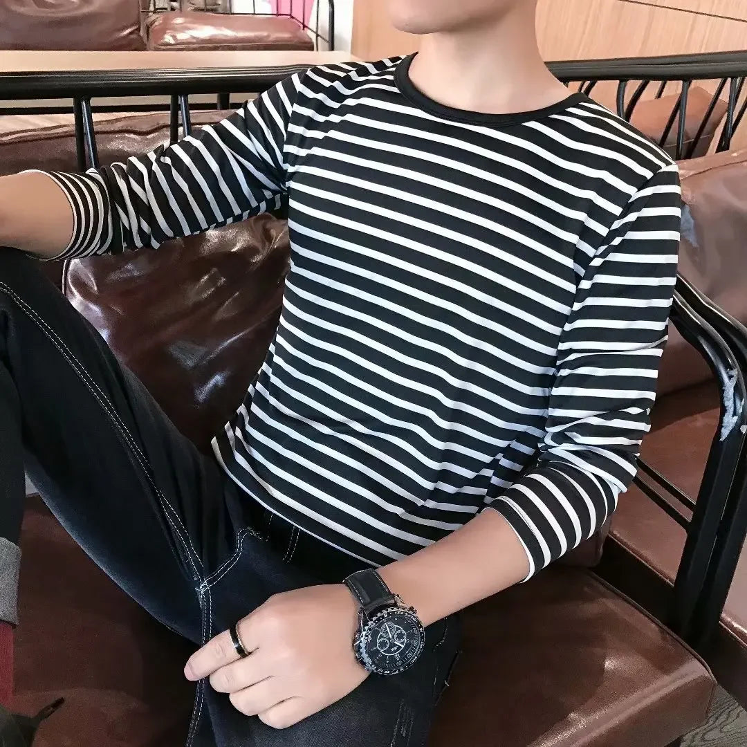 Men's Long Sleeve T-shirt 2020 Spring Autumn New Stripe Clothes Korean Trendy Basic Layer Top Autumn Wear For Men