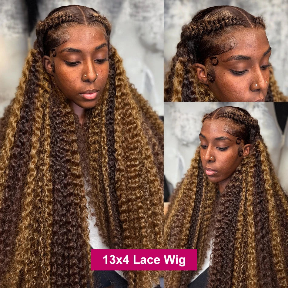 Curly Colored Highlight Wigs Human Hair Deep Wave 13x6 Hd Lace Frontal Wig 18 36Inch 4/27 Ombre Brown Blonde Lace Front Wigs