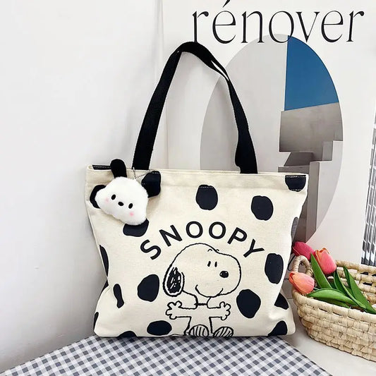 MINISO Snoopy Canvas Bag Women's Large Capacity Bag Fashion Cartoon Handbag Multi-purpose Shoulder Tote Bag With Hanging