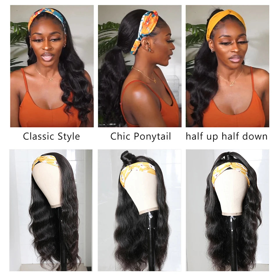 Headband Wig Human Hair Body Wave Virgin Human Hair Wigs for Black Women Full Machine Made Brazilian Ready To Wear Wig None Lace