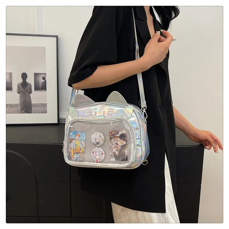 Women's Fashion Backpacks Y2K Korean Japan Kawaii Cat Ita Bag PU Cute Girls Transparent Pocket Aesthetic Shoulder Crossbody Bags