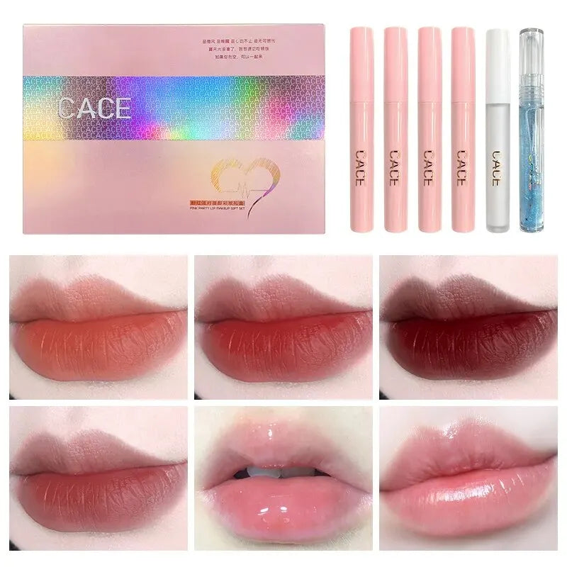 CACE Matte Liquid Lipstick Makeup Sets 4 Colors Lipgloss And 1pc Transparent Lipgloss And 1pc Lip Balm Plumper And Necklace Gift