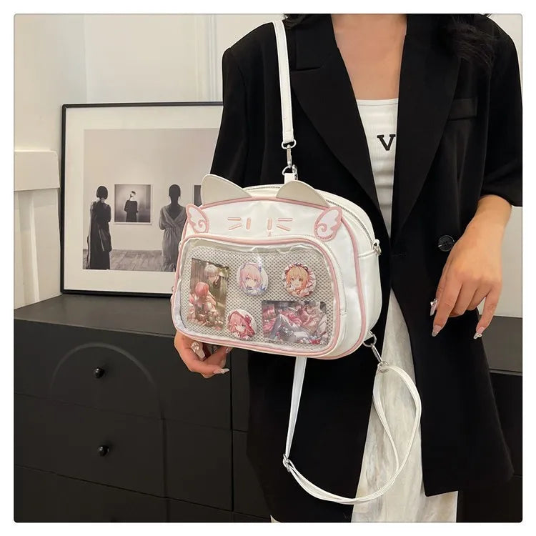 Women's Fashion Backpacks Y2K Korean Japan Kawaii Cat Ita Bag PU Cute Girls Transparent Pocket Aesthetic Shoulder Crossbody Bags