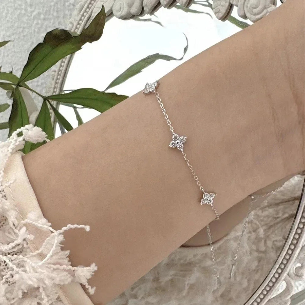 925 Silver Plated Four-leaf Flower Zircon Chain Necklace for Women Luxury Collar Charm Necklaces 2025 Trend Jewelry