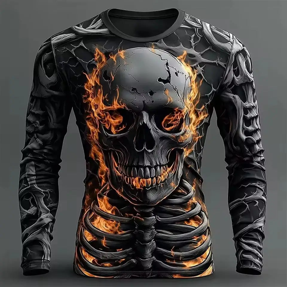 Halloween Cool Personality Skull 3d Print T-shirt Autumn Breathable Long Sleeve Tops Street Festival Party Casual Punk Clothes
