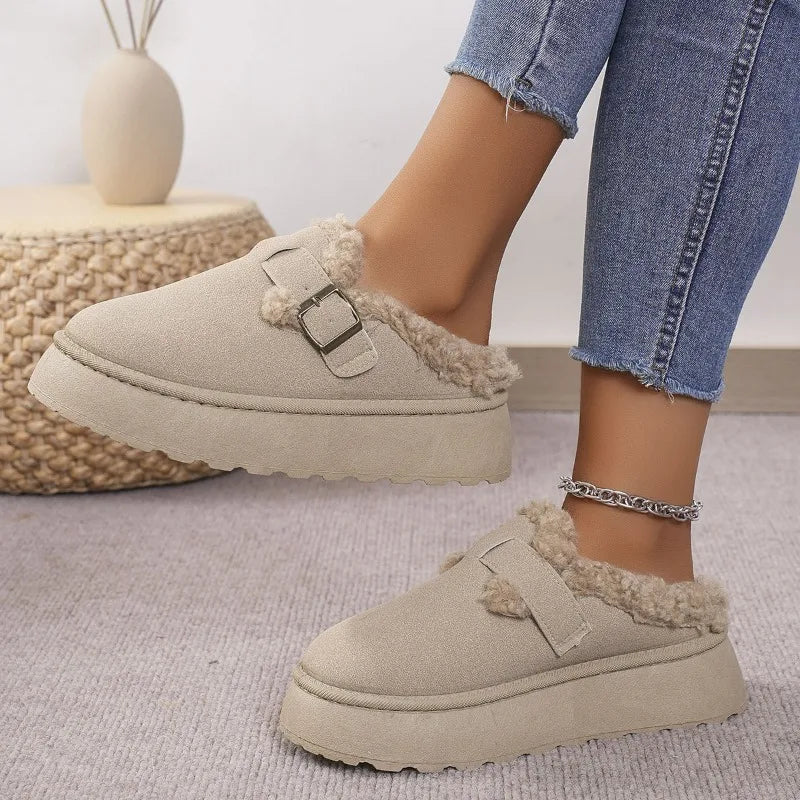 2025 New Plush Buckle Warm Cotton Slippers Winter Thick Sole Thick Snow Boot High Quality Plush Cotton Slippers Zapatos De Mujer