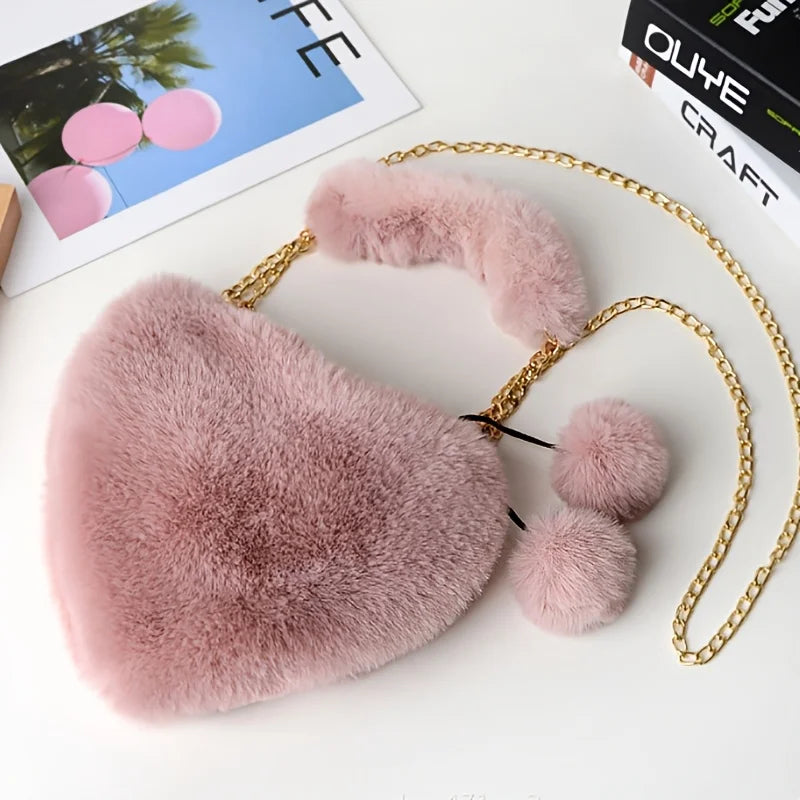 Luxury Faux Fur Heart-shaped Women Small Handbags Fluffy Plush Ladies Chain Shoulder Bag Fashion Female Furry Daily Clutch Purse