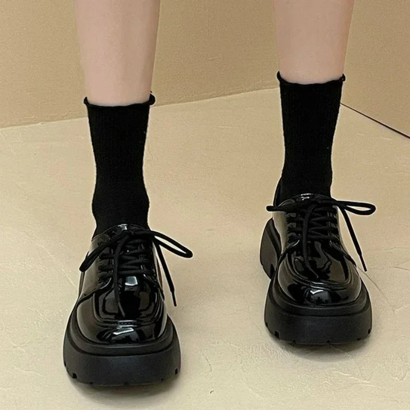 Women's Shoes Platform Flats Autumn Black Loafers Fashion Comfortable Leather Shoes Lace-up Outdoor Casual Oxfords Zapatos Mujer