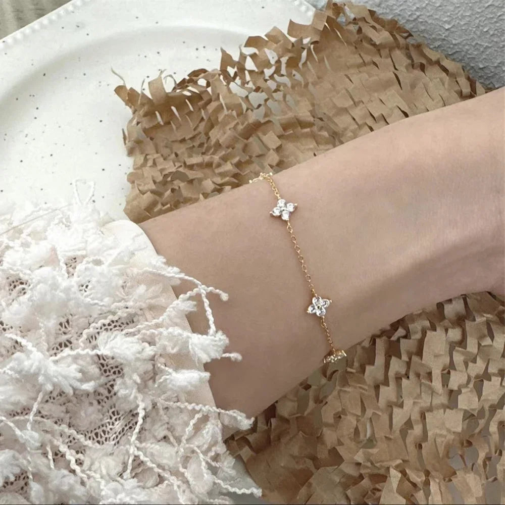 925 Silver Plated Four-leaf Flower Zircon Chain Necklace for Women Luxury Collar Charm Necklaces 2025 Trend Jewelry