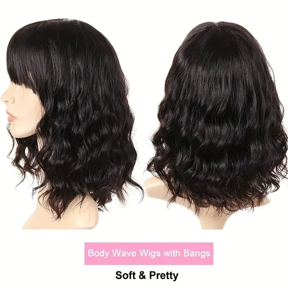 Body Wave Wigs With Bangs Malaysian Human Hair Wig With Bangs For Women Glueless Wear and Go Machine Made Wig Short Bob Wig Sale