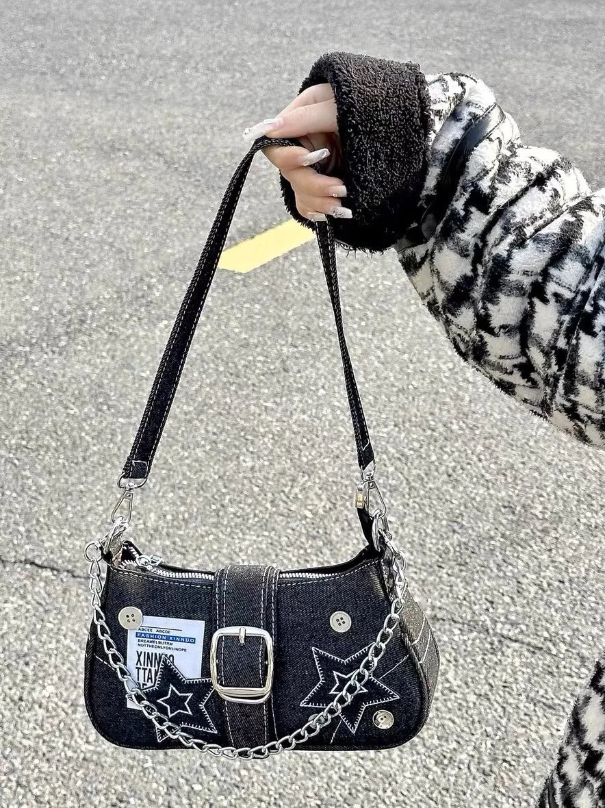 Y2k Fashion Women's Handbags Stars Pattern Cool Girls Underarm Bag Vintage Canvas Female Small Shoulder Bags Chain Tote Purses