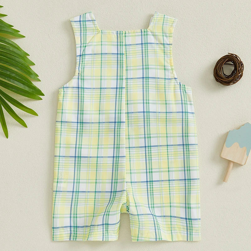 Toddler Baby Girls Boys Overalls Romper Cute Plaid Embroidery Dinosaur Sleeveless Jumpsuits Children Summer Clothes