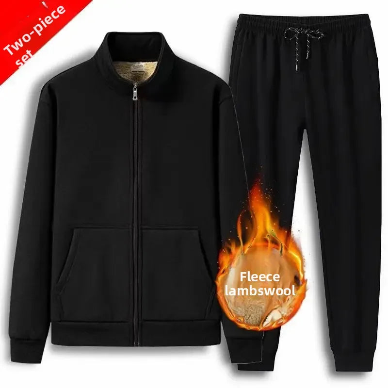 Men's Autumn Winter Lamb Velvet Set Thickened Fleece Casual Sports Outerwear And Pants Large Size Comfortable Dad Clothes