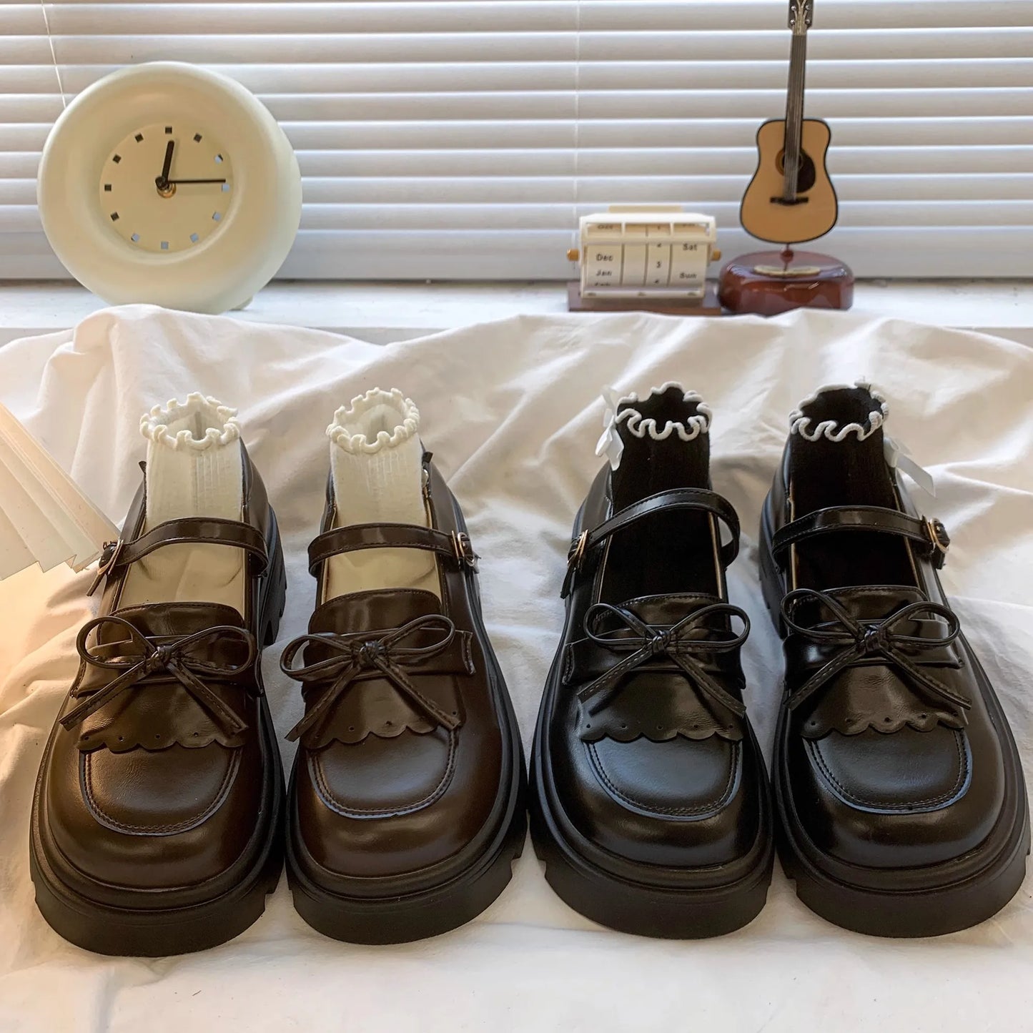 Kids Shoes Black Leather Mary Janes Girls Shoes Bow Thick Sole Casual Party Shoes Toddler Little Girls Fashion Footwear Shoes