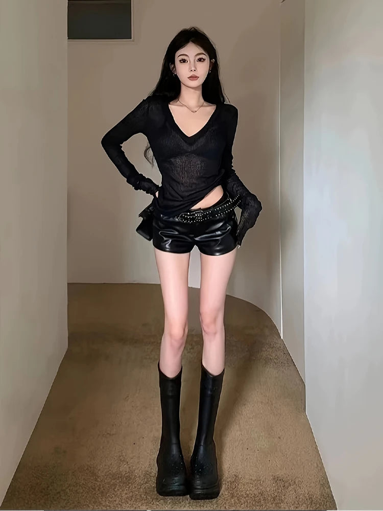 NUOMICI Sexy Gray Long-sleeve T-shirt Women V-neck Slightly Transparent Slim Fit Black Women's Top Korean Popular Clothes Chic