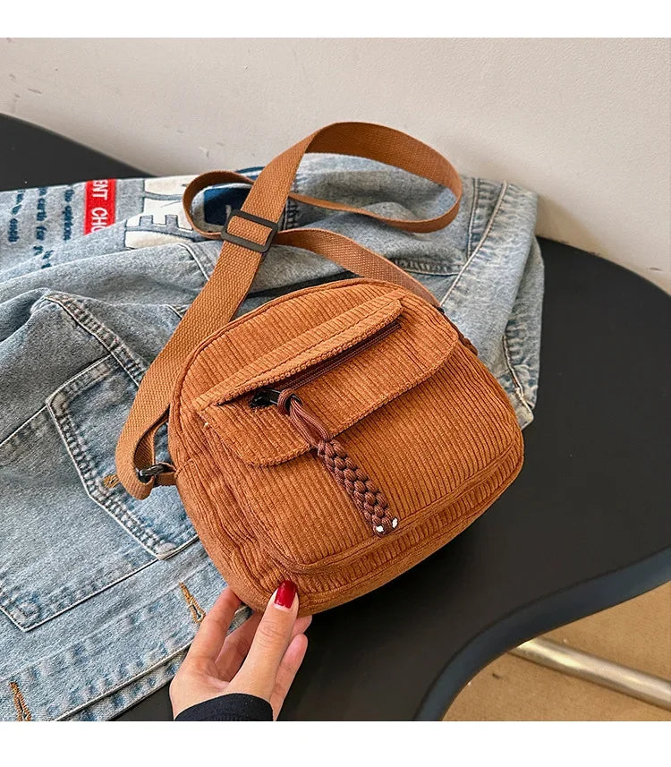 Corduroy Daily Handbag Fashionable Versatile Shoulder Bag for Women Multi-Compartment Zipper Closure Commute Women's Tote Bag