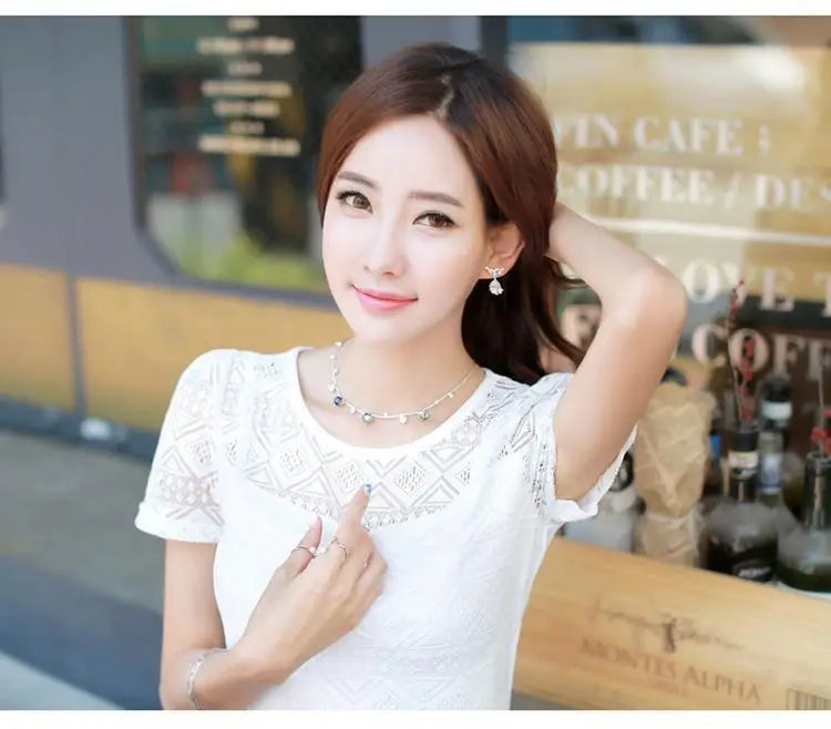 1pcs Summer Women Lace T-Shirt Lady Short-Sleeve Round-Neck tShirt Female Sexy Slim Fit  Tee Girl Chiffon Shirt Fashion Pullover