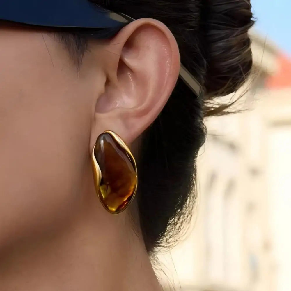 2025 New Design Brown Resin Geometric Shape Earrings Stainless Steel 18k Gold-plated Ear Studs for Women