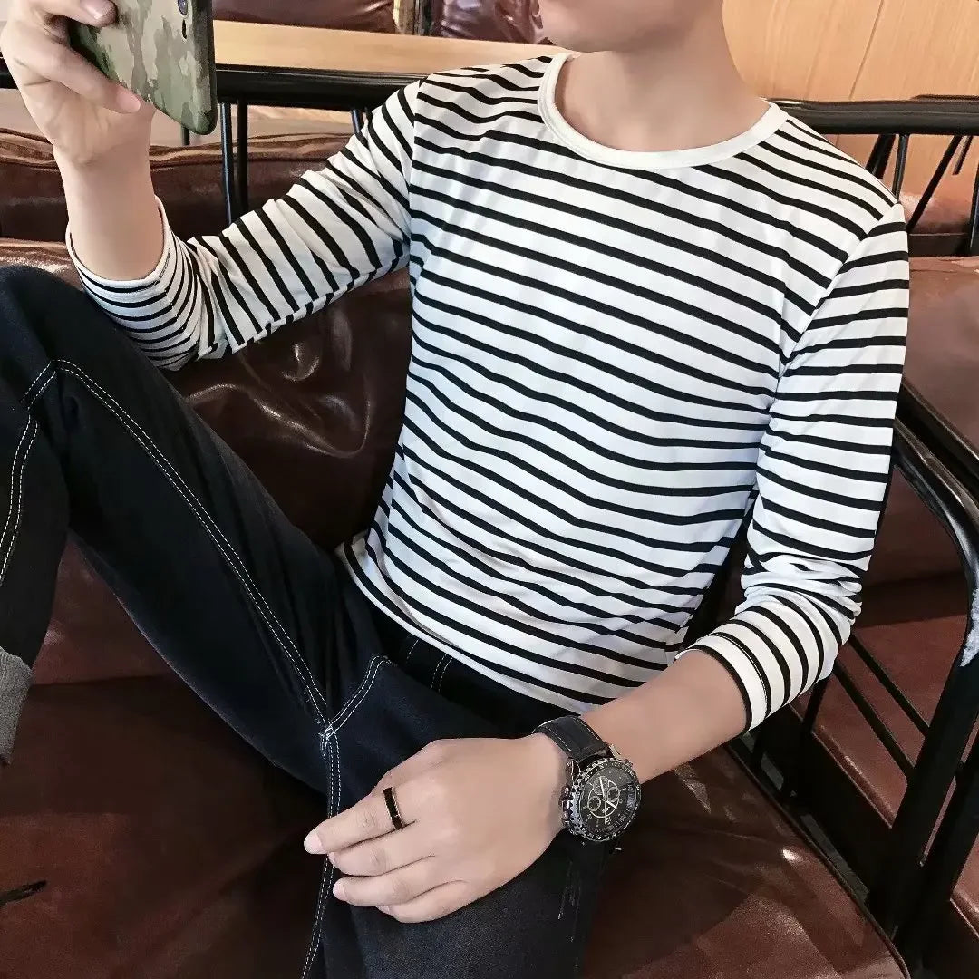 Men's Long Sleeve T-shirt 2020 Spring Autumn New Stripe Clothes Korean Trendy Basic Layer Top Autumn Wear For Men