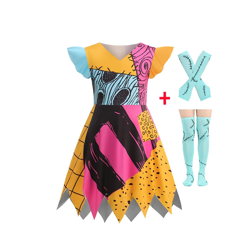 Baby Girls Halloween Costumes Cosplay Dress Nightmare Before Xmas Children Carnival Princess Sally Party Clothes 2-10 Years