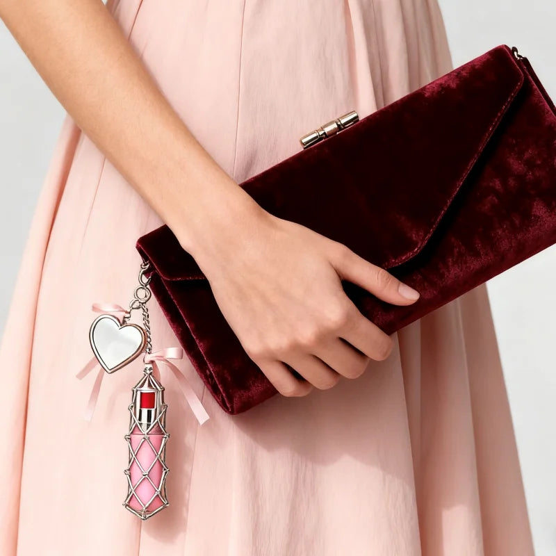 New Portable Lipstick Bag Women Metal Chain Mesh Pouch Stainless Steel Lipstick Holder Case Love Charm Keyrings Accessory