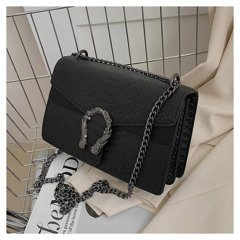 Retro Style Fashion Chain Shoulder Bag for Women Snake Pattern Crossbody Small Square Bag Trendy Accessory