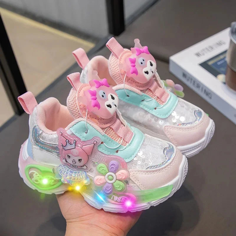 Girls Cartoon Rotating Button Sports Shoes Soft Bottom Kuroko Light up Dad Shoes Breathable Rubber Spring Season Kids Sneakers