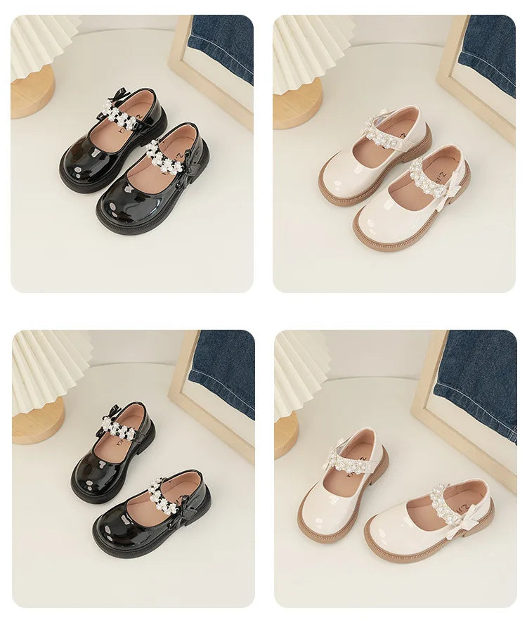 Children's Leather Shoes Glossy PU Black School Girl Shoes Fashion Sweet Kids Princess Soft Bottom Mary Jane Shoes Side Bowknot