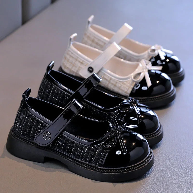 Spring Autumn Children's Leather Shoes with Bowknot Versatile Girls Fashion Mary Jane Shoes Causal Patchwork Kids Princess Shoes