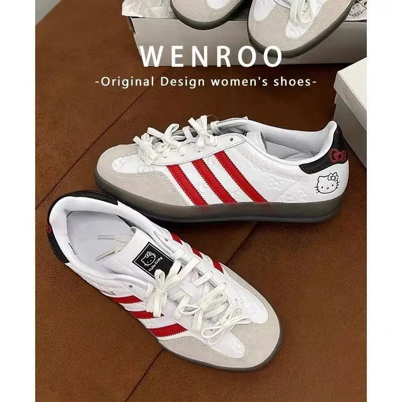 Original Hello Kitty Sneakers Cute Retro Low Cut Printed Flat Shoes Cartoon Student Fashion Color Blocked Striped Casual Shoes