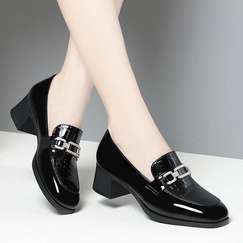 Spring Autumn Ladies Pumps Shallow Shoes Patent Leather Soft Sole Crystal High Heels  Loafers Fashion Breathable Single Shoe