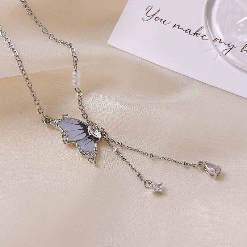 2025 Trendy Butterfly Tassel Zircon Pendant Necklace Crystal Chain Punk Party Statement Jewelry for Women Girls