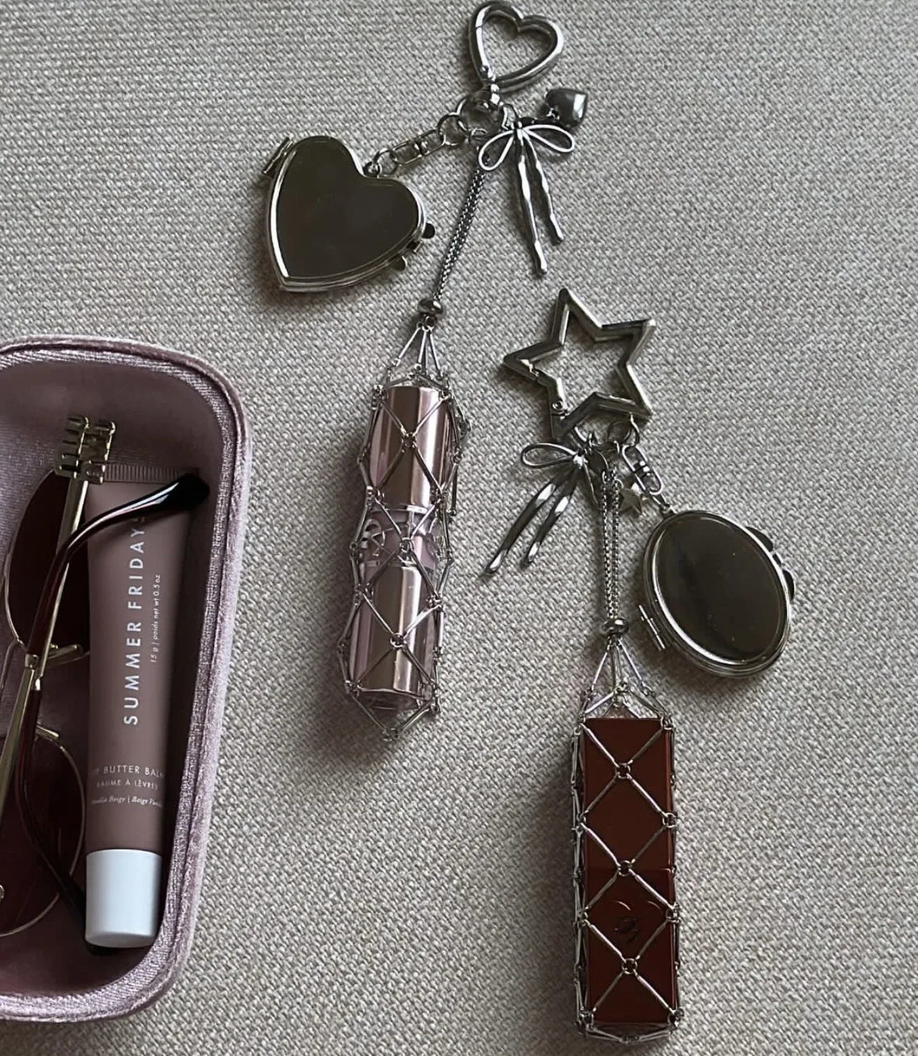 New Portable Lipstick Bag Women Metal Chain Mesh Pouch Stainless Steel Lipstick Holder Case Love Charm Keyrings Accessory