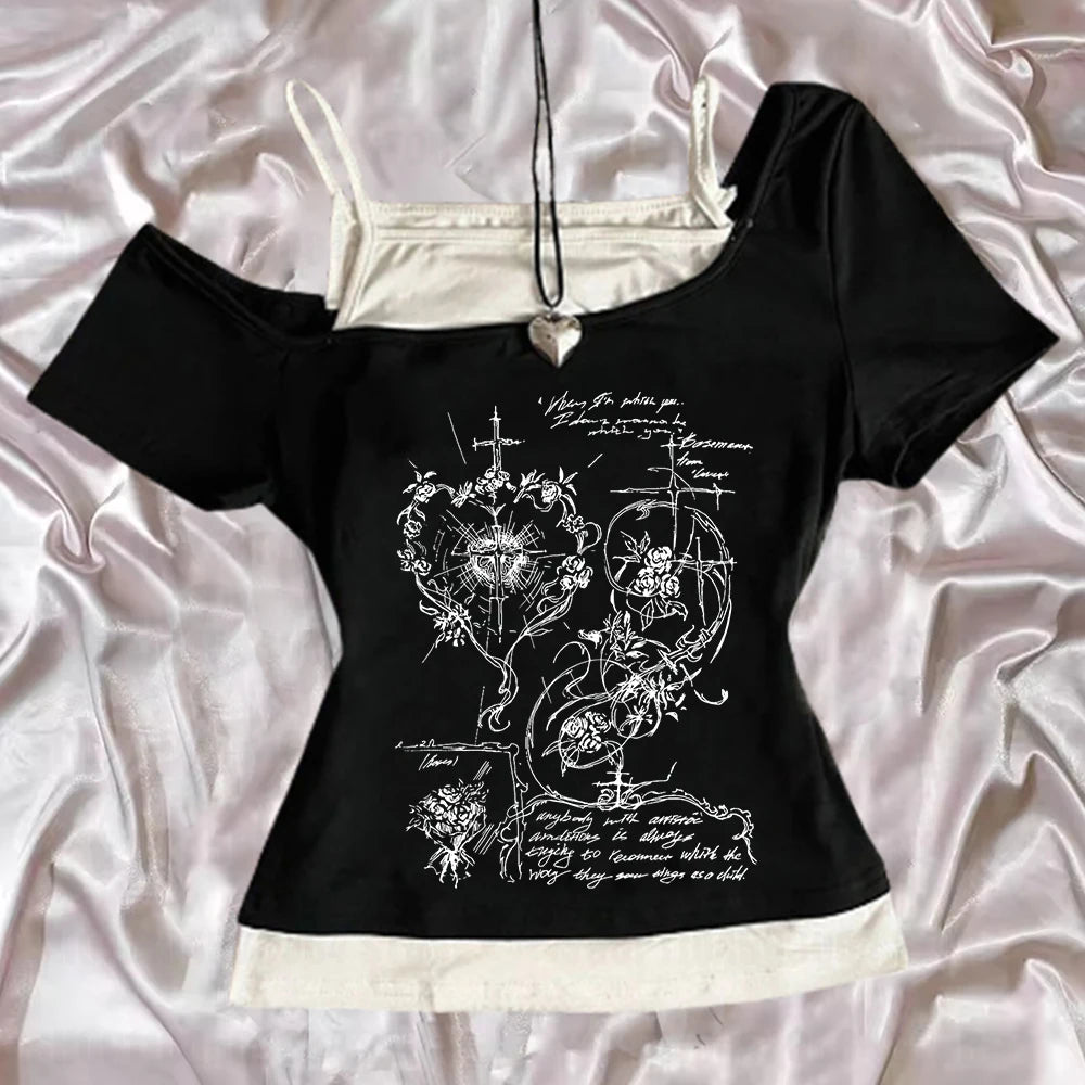 2k Fairy Grunge Graphic T-Shirts for Women E-Girls Goth Rib Long Sleeve Tee Tops Vintage Emo Clothes 2000s Retro Streetwear